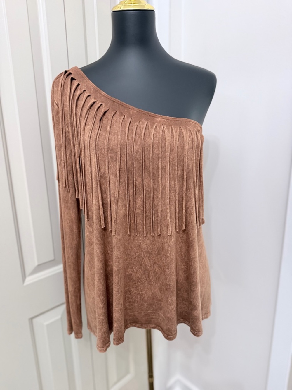 Blue Buttercup Fringe One Shoulder Top Boho Western Stretch Medium